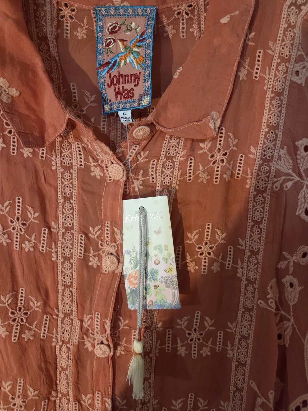 Johnny Was Coral Embroidered Button-Down Shirt - Picture 3 of 9